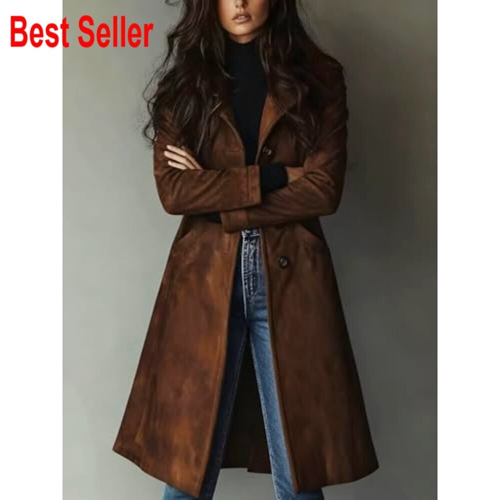 Faux Suede Trench Coat Classic Slim Fit Elegant Long Overcoat with Pockets - Picture 7 of 7